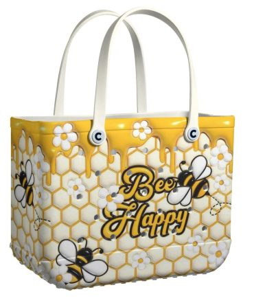 Bee Happy Tote Bag - Stylish Honeycomb Design With Flowers & Bees - Perfect For Summer Outings