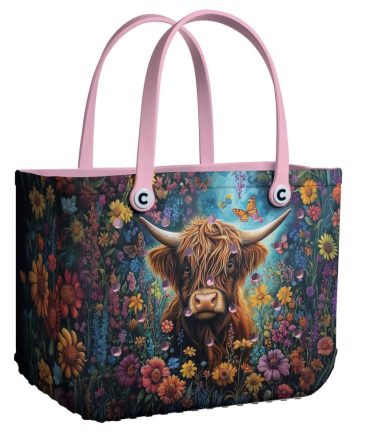 Vibrant Highland Cow Tote Bag – Floral Print With Pink Handles – Stylish & Spacious For Everyday Use