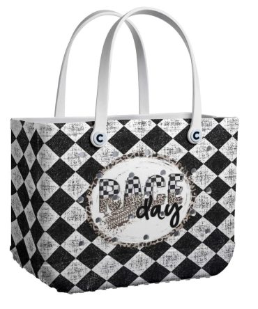 Stylish 'Race Day' Tote Bag - Chic Black & White Checkered Design, Perfect For Any Occasion