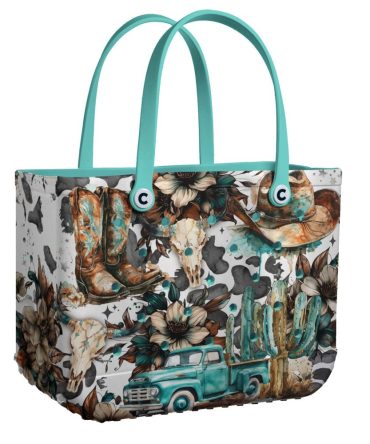Western-Themed Tote Bag - Rustic Cowgirl Design With Boots & Cactus - Stylish And Spacious For Everyday Use