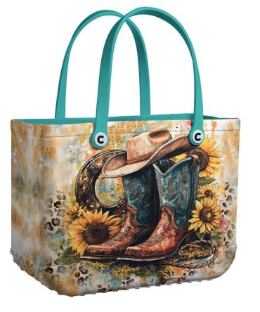 Western Sunflower Tote Bag With Cowboy Boot & Hat Design – Stylish & Spacious