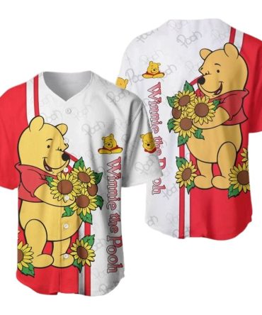 Cheerful Winnie The Pooh Sunflower Baseball Jersey – Vibrant Cartoon Style Shirt For Fans