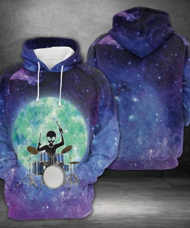 Alien Hoodie Alien Playing Drum Full Moon Blue Galaxy Hoodie Adult