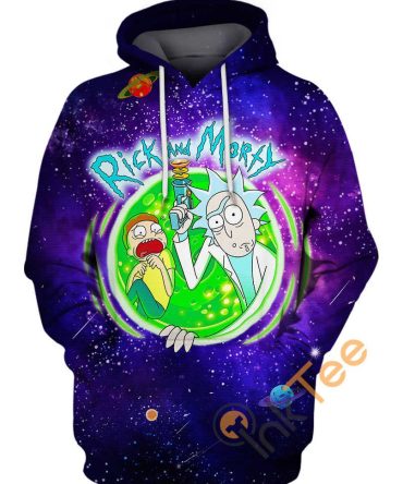 Rick And Morty Hoodie Rick And Morty With Laser Gun Through Portal Galaxy Blue Hoodie Women Men