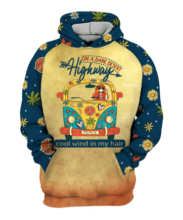Hippie Hoodie On The Dark Desert Highway Cool Wind In My Hair Get Your Happy On Blue Zip Hoodie