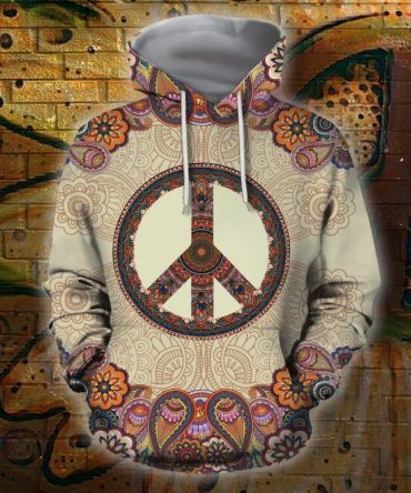 Hippie Apparel Peace Symbol Mandala Flowers Brown Grey Hoodie Adult Unisex