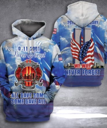 Patriot Day Hoodie September 11Th Hoodie 9-11-2001 Never Forget 20 Years Anniversary Blue Sky American Flag Hoodie Patriot Day