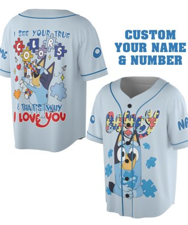 Custom Bluey Baseball Jersey - Personalize Name & Number, True Colors Design, Perfect Gift!