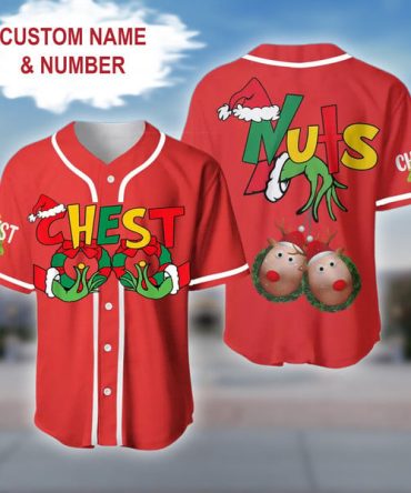 Custom Christmas Baseball Jersey - Funny Holiday Chest Nuts Design, Personalize Name & Number