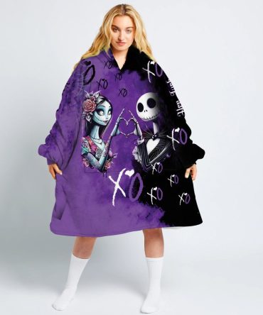 Cozy Gothic Oversized Hoodie Blanket – Skeleton Love Print, Purple & Black