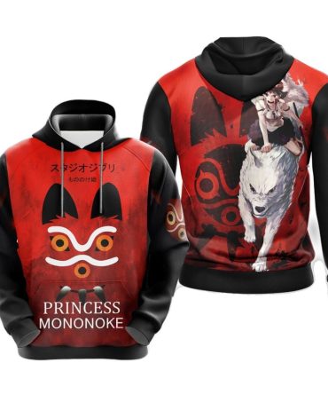 Sghibli Hoodie Princess Mononoke And Wolf Graphic Hoodie Black Red Unisex