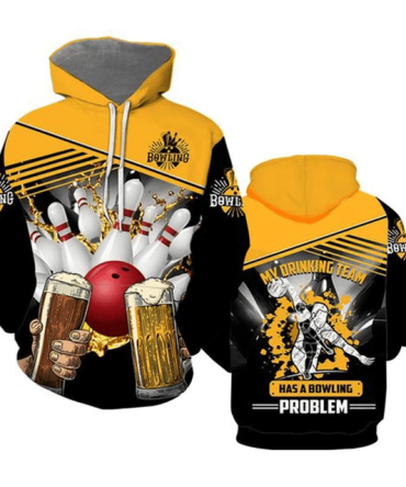 Bowling Hoodie Bowling And Beer Therefore I'M Here Hoodie Black Yellow Unisex