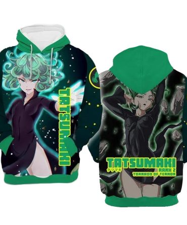 One Punch Man Hoodie Tatsumaki Rank 2 Tornado Of Terror Hoodie Black Green Unisex