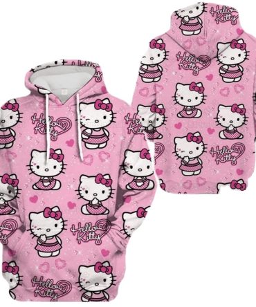 Hello Kitty Hoodie Hello Kitty Poses Pattern Hoodie Pink Unisex
