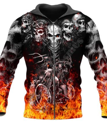 Motorcycle Zip Hoodie Fire Skeleton Rides Motorbike Zip Hoodie Black Orange Unisex
