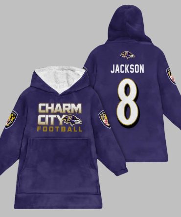 2025 Ravens Charm City Football 8 Jackson Blanket Hoodie