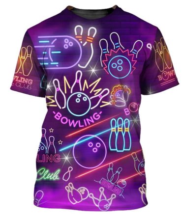 Bowling T-Shirt Bowling Club Pins And Balls Neon Pattern T-Shirt Purple Unisex