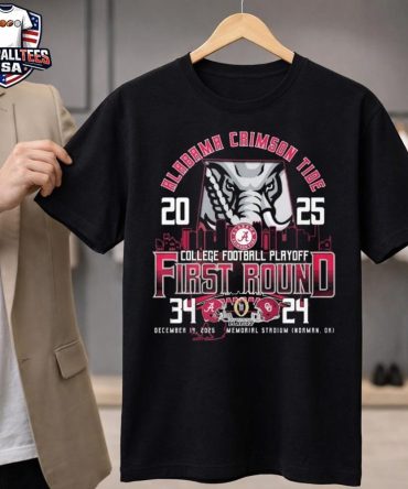 Alabama Crimson Tide 2025 College Football Playoff First Bound 34-24 Dec 19 2025 Memorial Stadium Skyline Logo T-Shirt