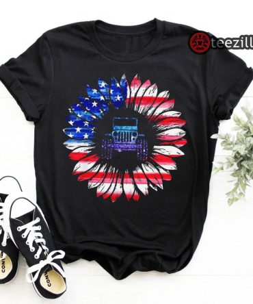 American Flag Sunflower Jeep 4Th Of July Tee Shirt
