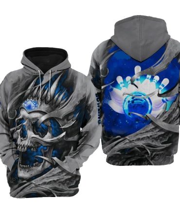 Bowling Hoodie Bowling Pins And Balls Skull Hoodie Gray Blue Unisex