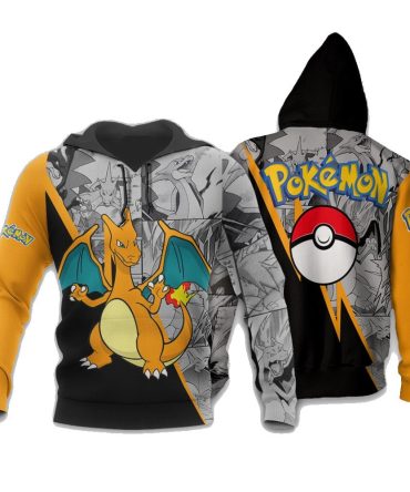 Pkm Hoodie Charizard Graphic Manga Style Hoodie Black Orange Unisex