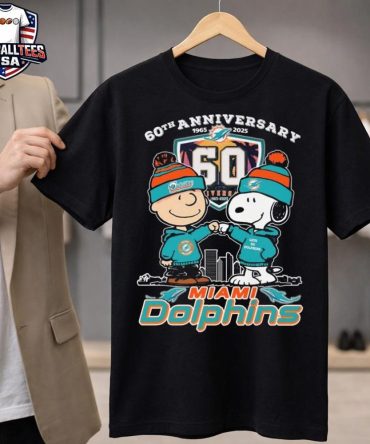 Charlie Brown And Snoopy X Miami Dolphins 60Th Anniversary 1965-2025 T-Shirt