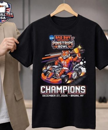 Clemson Tigers 2025 Bad Boy Mowers Pinstripe Bowl Champions Mario Kart Parody Mascot Trophy Yankee Stadium Bronx New York Dec 27 2025 Unisex Shirt