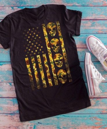Skull And Sunflower American Flag Usa T-Shirt