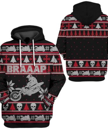 Motorcycle Hoodie Braaap Dirt Bike Christmas Pattern T-Shirt Black Red Unisex