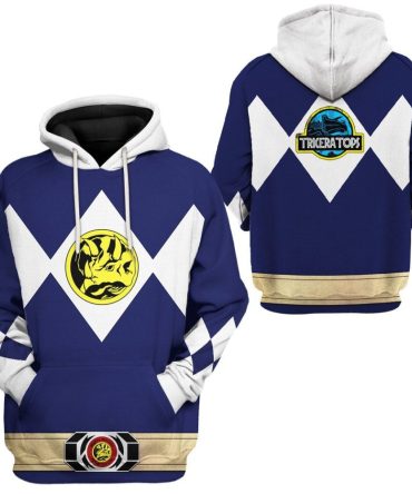 Power Ranger Hoodie Blue Mighty Morphin Power Ranger Triceratops Hoodie Blue White Unisex