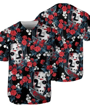 Spooky Floral Horror Mask Baseball Jersey – Unique Halloween Shirt For Fans