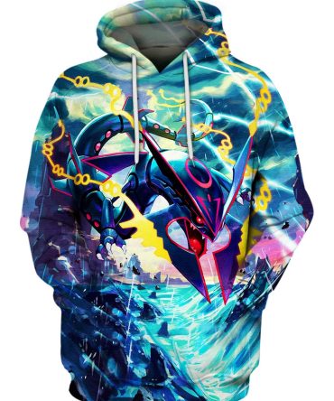 Pokemon Hoodie Pokemon Mega Rayquaza Storm Graphic Hoodie Blue Unisex