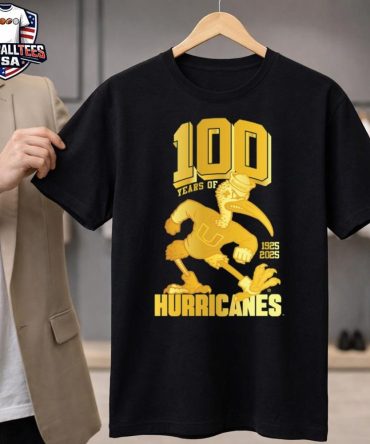 Miami Hurricanes 100 Years Of Hurricanes 1925-2025 Gold Sebastian Unisex Shirt