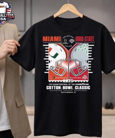 Miami Hurricanes Vs. Ohio State Buckeyes 2025-26 Cfp Cotton Bowl Classic Helmet T-Shirt