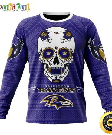 Nfl Baltimore Ravens Crewneck Sweatshirt Specialized Kits For Dia De Muertos Show Your Team Spirit