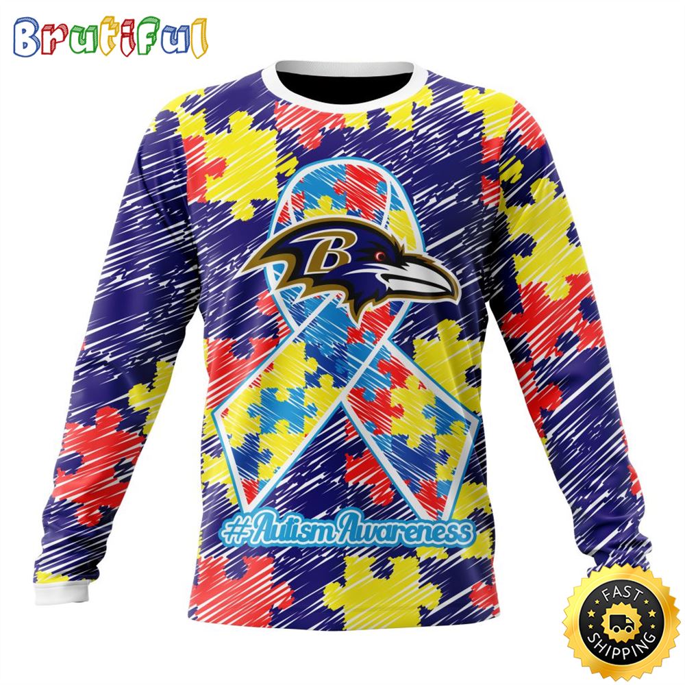 Nfl Baltimore Ravens Crewneck Sweatshirt Puzzle Autism Awareness Unisex Sweatshirt