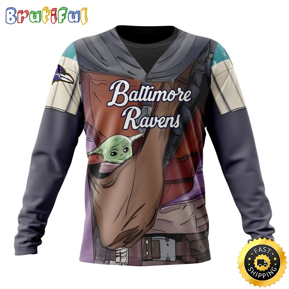 Nfl Baltimore Ravens Crewneck Sweatshirt Specialized Mandalorian And Baby Yoda Gifts For Football Fans
