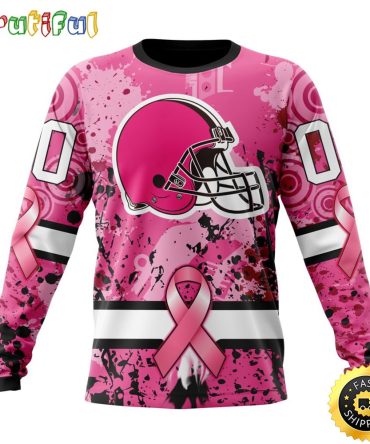 Nfl Cleveland Browns Crewneck Sweatshirt I Pink I Can In October We Wear Pink Breast Cancer Gift For Football Fans