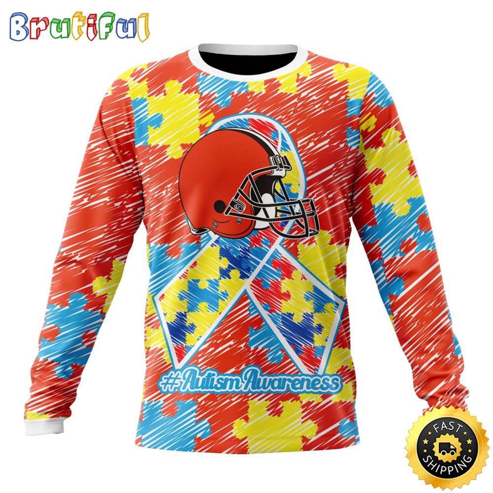 Nfl Cleveland Browns Crewneck Sweatshirt Puzzle Autism Awareness Unisex Sweatshirt