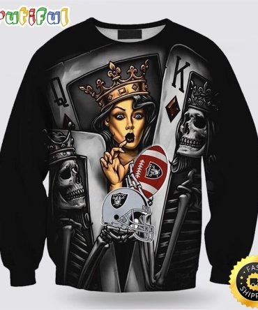 Nfl Las Vegas Raiders Crewneck Sweatshirt Big Death And Queen Playing Card Stay Cozy And Comfy