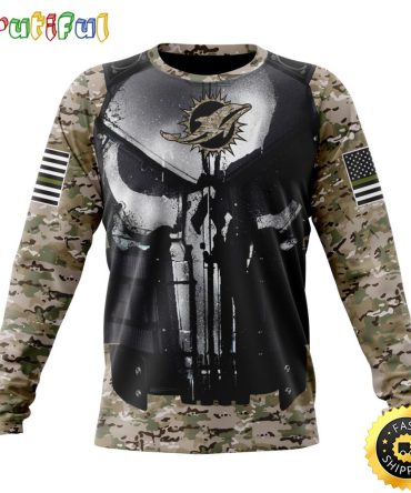 Nfl Miami Dolphins Crewneck Sweatshirt Punisher Skull Camo Veteran Kits Represent Your Team