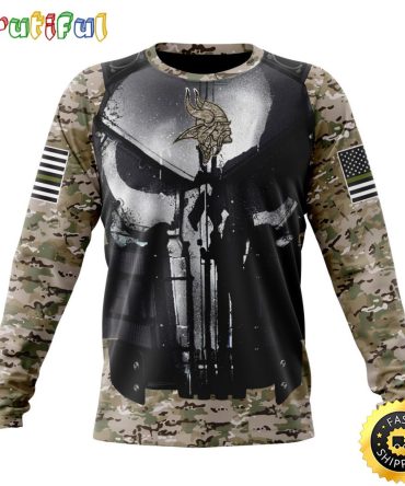 Nfl Minnesota Vikings Crewneck Sweatshirt Punisher Skull Camo Veteran Kits Represent Your Team
