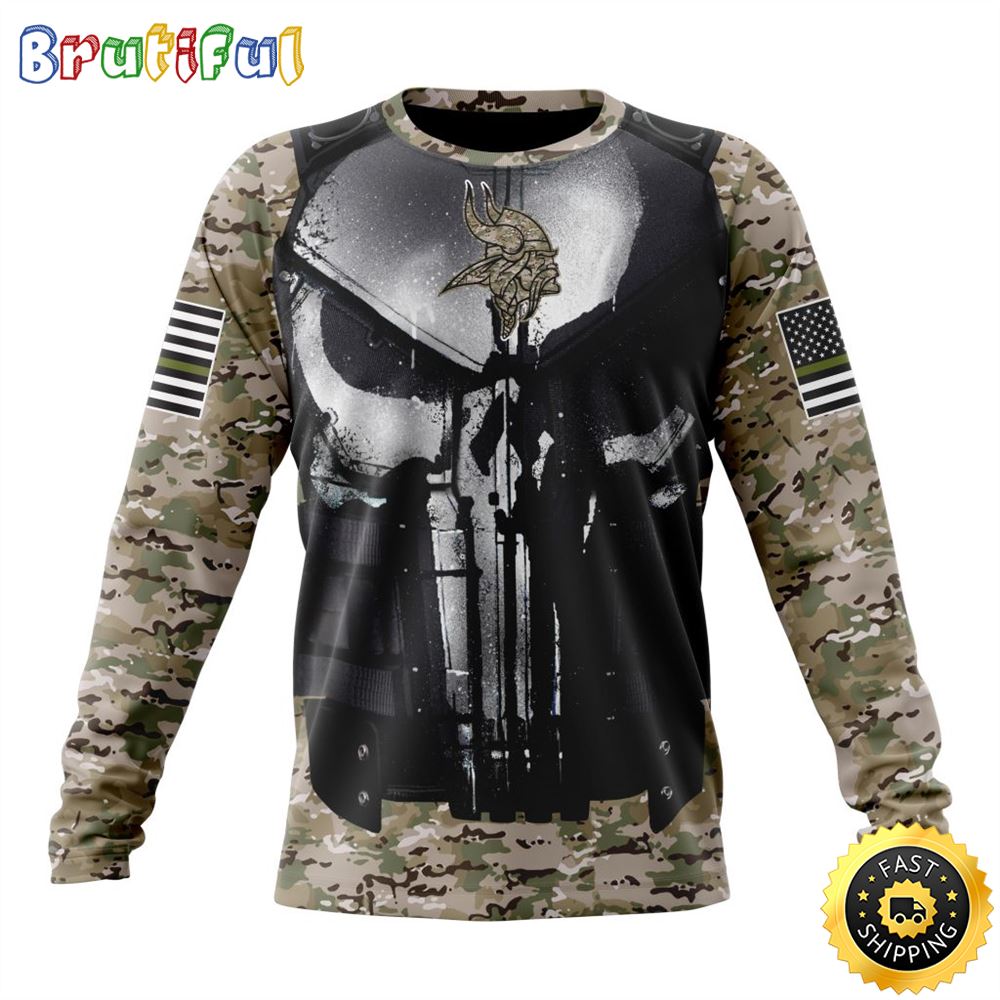 Nfl Minnesota Vikings Crewneck Sweatshirt Punisher Skull Camo Veteran Kits Represent Your Team