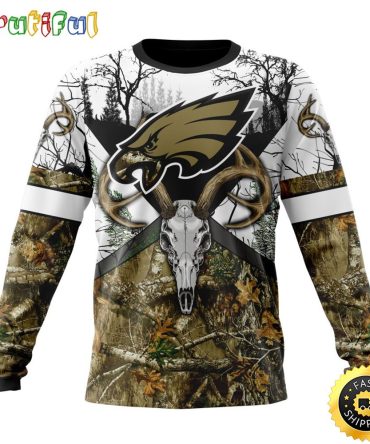 Nfl Philadelphia Eagles Crewneck Sweatshirt Deer Skull And Forest Pattern Represent Your Team