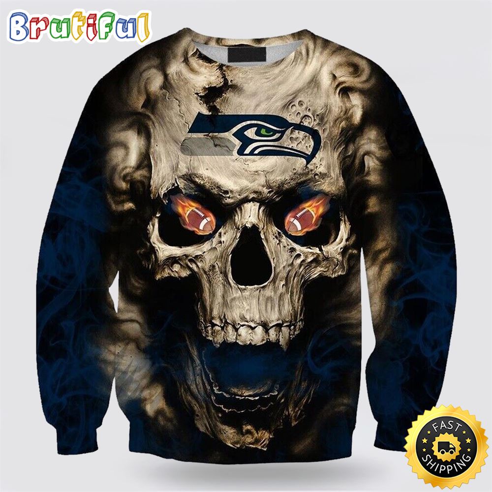 Nfl Seattle Seahawks Crewneck Sweatshirt Skull Halloween Show Team Spirit