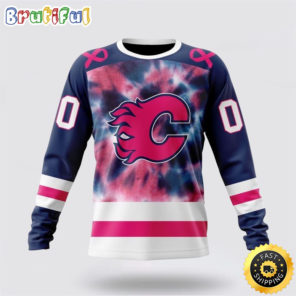 Personalized Nhl Calgary Flames Crewneck Sweatshirt Special Pink October Fight Breast Cancer Gift For Man And Women