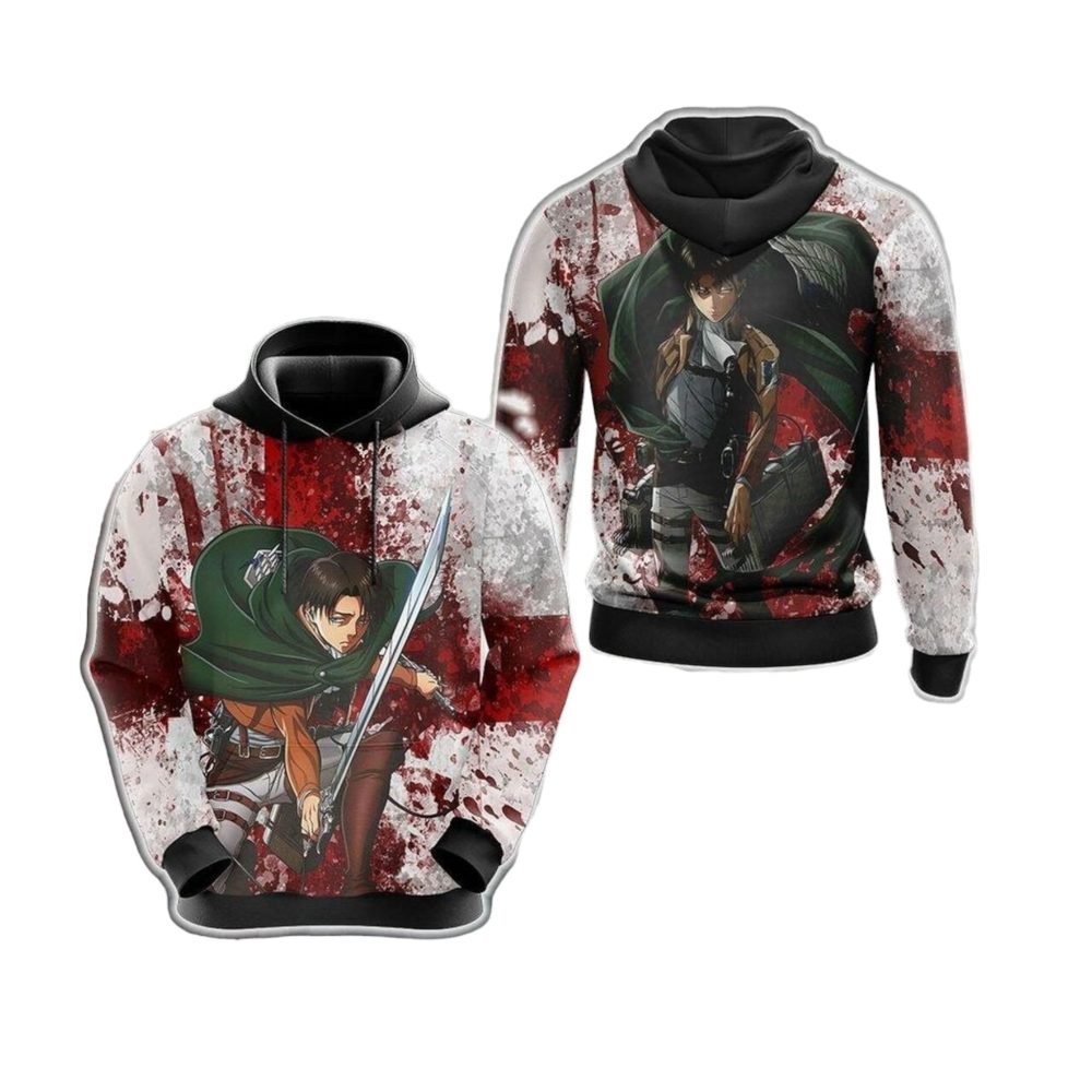 Attack On Titan Hoodie Attack On Titan Levi In Action Hoodie White Red Unisex