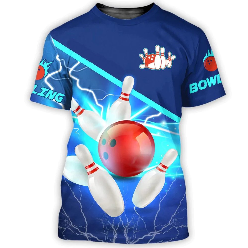 Bowling Hoodie Bowling Pins And Balls Thunder Pattern T-Shirt Blue Unisex - Image 2