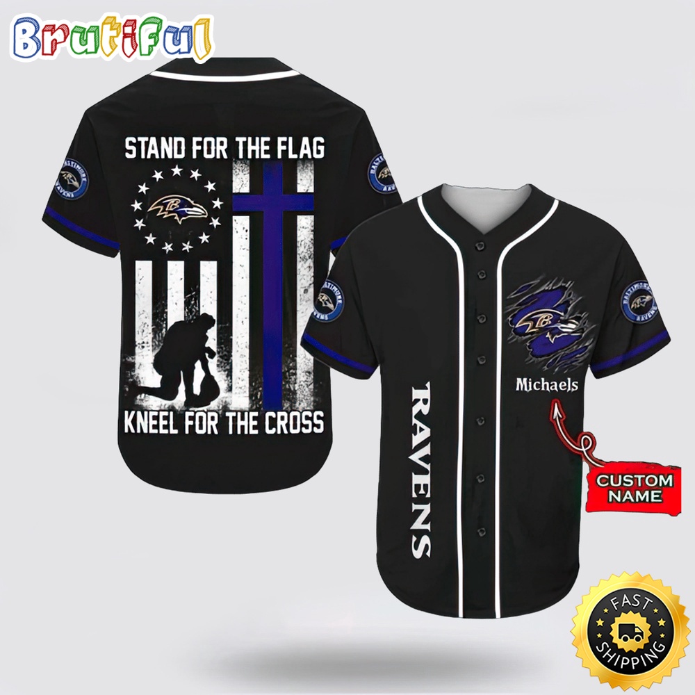 Personalized Nfl Baltimore Ravens Baseball Jersey Stand For The Flag Kneel For The Cross