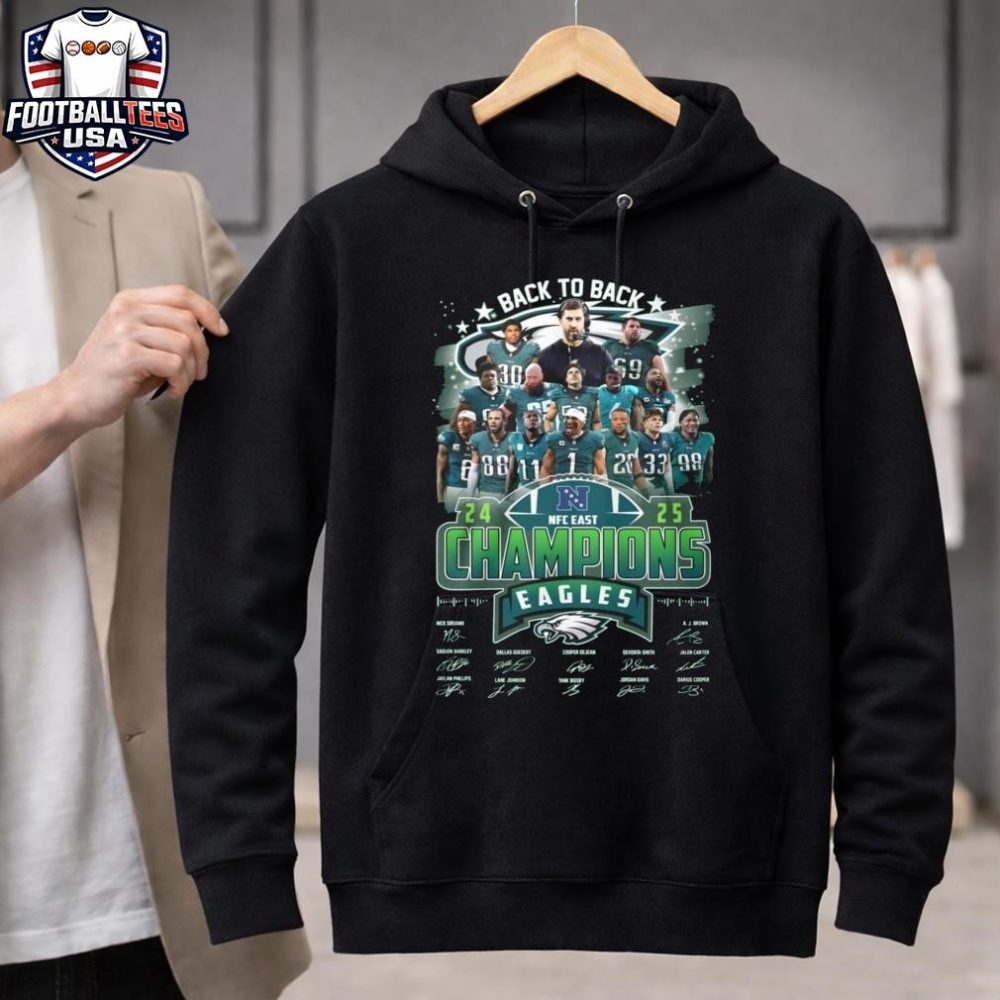 Philadelphia Eagles 2025 Nfc East Champions Back To Back Signatures T-Shirt - Image 3